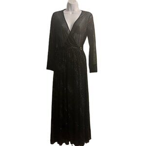 Alexa B Nites Sheer‎ Long Sleeve Glitter Maxi Faux Wrap Dress Holiday Party-8
